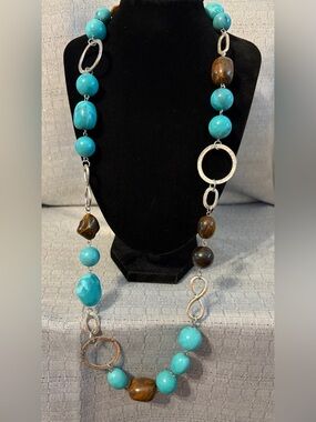 Turquoise Bead and Brown Stone Long Necklace - Womens Jewelry